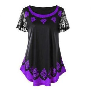 Plus Size Womens Clothing Printing Lace Splice Short Sleeve Loose T-shirt - Purple