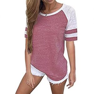 Shorts Sleeved Tops Women Blouse Round Neck - Dark Pink