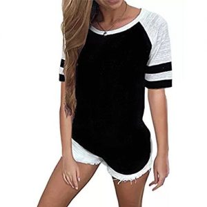 Shorts Sleeved Tops Women Blouse Round Neck - Black