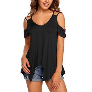 Off Shoulder Casual T-Shirts Pullover Sexy Tee - Black