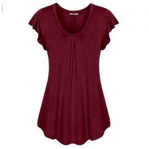 Sexy V-neck Short Sleeve Shirt Solid Color Loose Pleated Chiffon T-shirt Tops - Wine Red