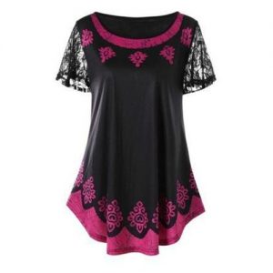 Plus Size Womens Clothing Printing Lace Splice Short Sleeve Loose T-shirt - Red