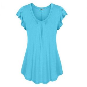 Sexy V-neck Short Sleeve Shirt Solid Color Loose Pleated Chiffon T-shirt Tops - Light Blue