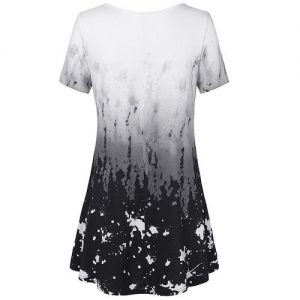 V Neck Short Sleeve A Line Curved Hem Tie Dye Business Casual Dressy Tunic Blouse - Black