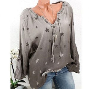 Long Sleeve Tee Shirt Stars Print Loose - Dark Gray