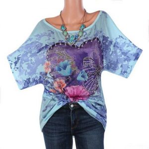 Auger Print T Shirt Casual Top Loose Blouse Plus Size - Blue