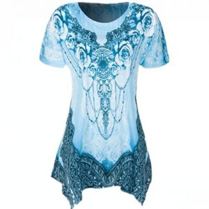 Plus Size Women Summer O-neck Short Sleeve Printed Loose Irregular Hem T-shirt - Blue