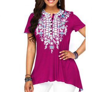 Women Short Sleeve Print Plus Size T Shirt Casual - Rose Red