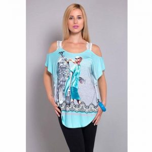 Women Fashion Sexy Off Shoulder Lotus Leaf Sleeve Print Short Sleeve T Shirt - Green