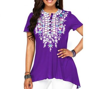 Women Short Sleeve Print Plus Size T Shirt Casual - Blue