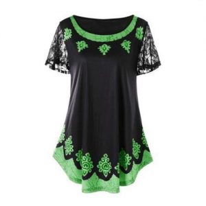 Plus Size Womens Clothing Printing Lace Splice Short Sleeve Loose T-shirt - Green