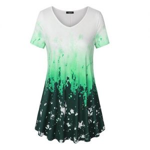 V Neck Short Sleeve A Line Curved Hem Tie Dye Business Casual Dressy Tunic Blouse - Green