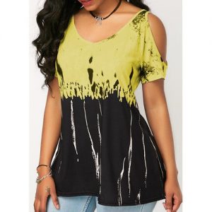 Plus Size Women Fashion Print Short-Sleeved T-Shirt Sexy Strapless Loose Tank Top - Yellow