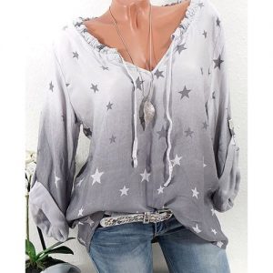 Long Sleeve Tee Shirt Stars Print Loose - Gray