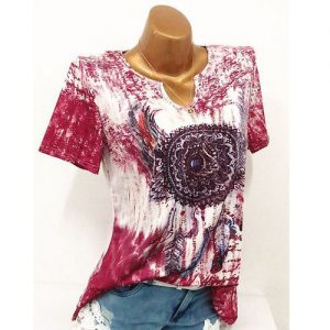 Fashion Women V Neck Shirts Print Short Sleeve Blouse Causal Tops Plus Size - Wine Red