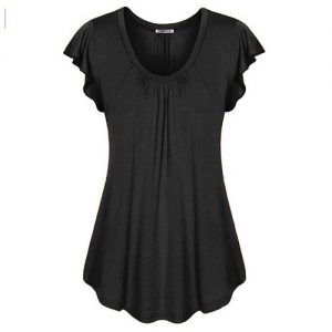 Sexy V-neck Short Sleeve Shirt Solid Color Loose Pleated Chiffon T-shirt Tops - Black