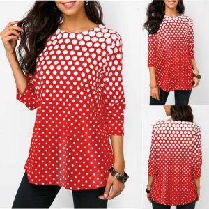 Women Fashion Sexy O-neck Polka Dot Print Half Sleeve Casual Plus Size Blouse - Red