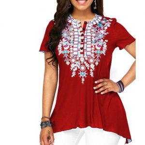 Women Short Sleeve Print Plus Size T Shirt Casual - Wine Red