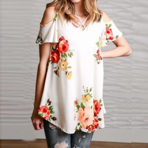 Off Shoulder Loose Pattern Print Short Sleeve Top - White