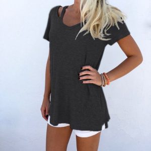 Sexy V-Neck Short Sleeve Casual Tee Shirts Solid Color Tops Plus Size - Black