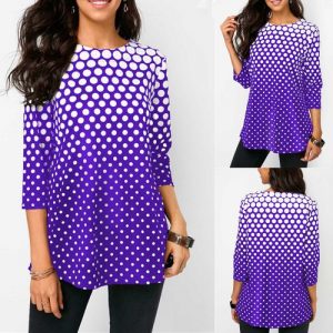 Women Fashion Sexy O-neck Polka Dot Print Half Sleeve Casual Plus Size Blouse - Purple