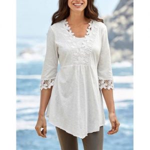 Lace Patchwork Chiffon Blouse Half Sleeve Casual Pure Color Shirts - White