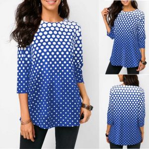 Women Fashion Sexy O-neck Polka Dot Print Half Sleeve Casual Plus Size Blouse - Blue