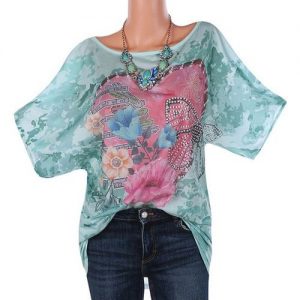 Auger Print T Shirt Casual Top Loose Blouse Plus Size - Green