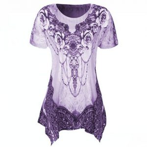 Plus Size Women Summer O-neck Short Sleeve Printed Loose Irregular Hem T-shirt - Purple