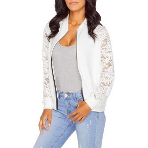 Lace Patchwork Long Sleeve Simple Style Pure Color Cardigan Blossom Lace Sleeve Thin Coat - White