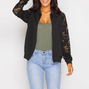 Lace Patchwork Long Sleeve Simple Style Pure Color Cardigan Blossom Lace Sleeve Thin Coat - Black