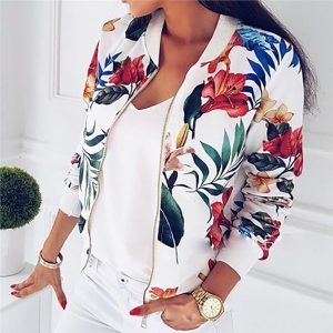 Vintage Floral Zipper Up Bomber Jacket Embroidery Casual Coat - White