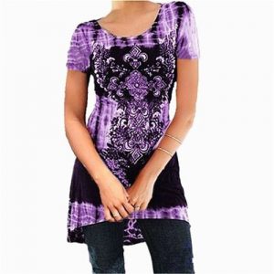 Plus Size Women Fashion Sexy O-neck Short Sleeve Printing Tie Dye Top - Purple