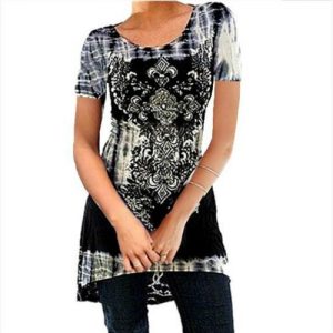 Plus Size Women Fashion Sexy O-neck Short Sleeve Printing Tie Dye Top - Black