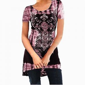 Plus Size Women Fashion Sexy O-neck Short Sleeve Printing Tie Dye Top - Pink