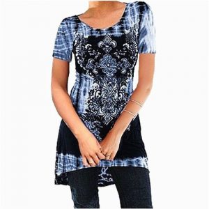 Plus Size Women Fashion Sexy O-neck Short Sleeve Printing Tie Dye Top - Blue