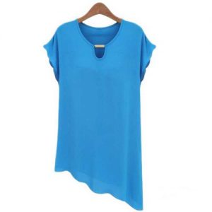 Short-sleeved Chiffon Oblique Swing Shirt - Blue