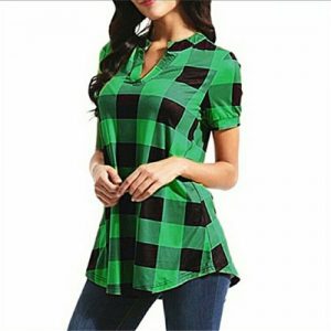 Short Sleeve Lattice Print Plus Size Casual Shirt Loose Blouse - Green