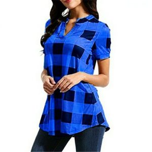 Short Sleeve Lattice Print Plus Size Casual Shirt Loose Blouse - Blue