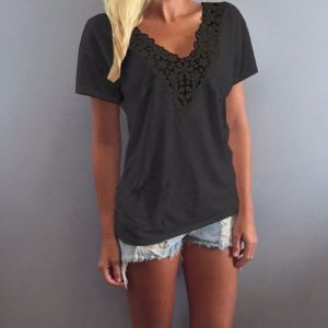 Women Short Sleeve Croceht Tank Tops Floral Detail Blouse T-Shirt - Black