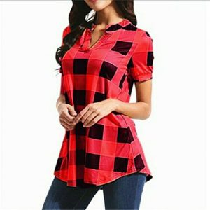 Short Sleeve Lattice Print Plus Size Casual Shirt Loose Blouse - Red and Black