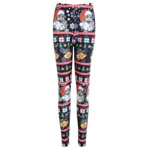 Plus Size Christmas Santa Claus Bell Print Leggings - Black