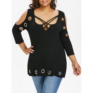 Plus Size Cold Shoulder Three Quarter Sleeve T-shirt - Black