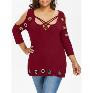 Plus Size Cold Shoulder Three Quarter Sleeve T-shirt - Red Wine