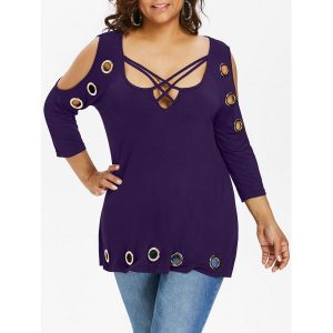 Plus Size Cold Shoulder Three Quarter Sleeve T-shirt - Purple Iris