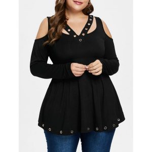 Plus Size Cold Shoulder Grommet T-shirt - Black