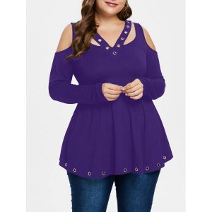 Plus Size Cold Shoulder Grommet T-shirt - Purple Iris