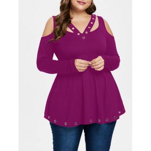 Plus Size Cold Shoulder Grommet T-shirt - Medium Violet Red