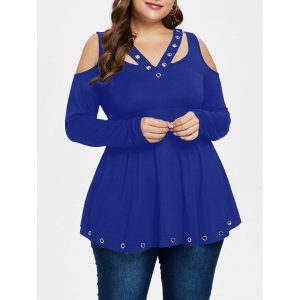 Plus Size Cold Shoulder Grommet T-shirt - Cobalt Blue