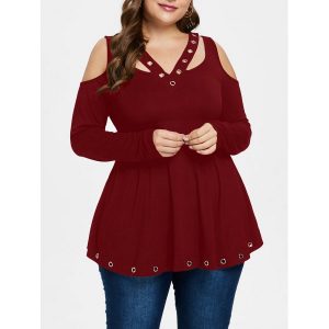 Plus Size Cold Shoulder Grommet T-shirt - Red Wine